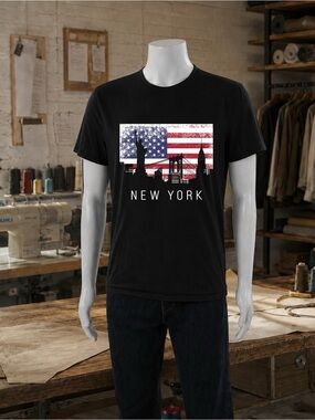 Gildan Black New York Skyline & American Flag Graphic Tee